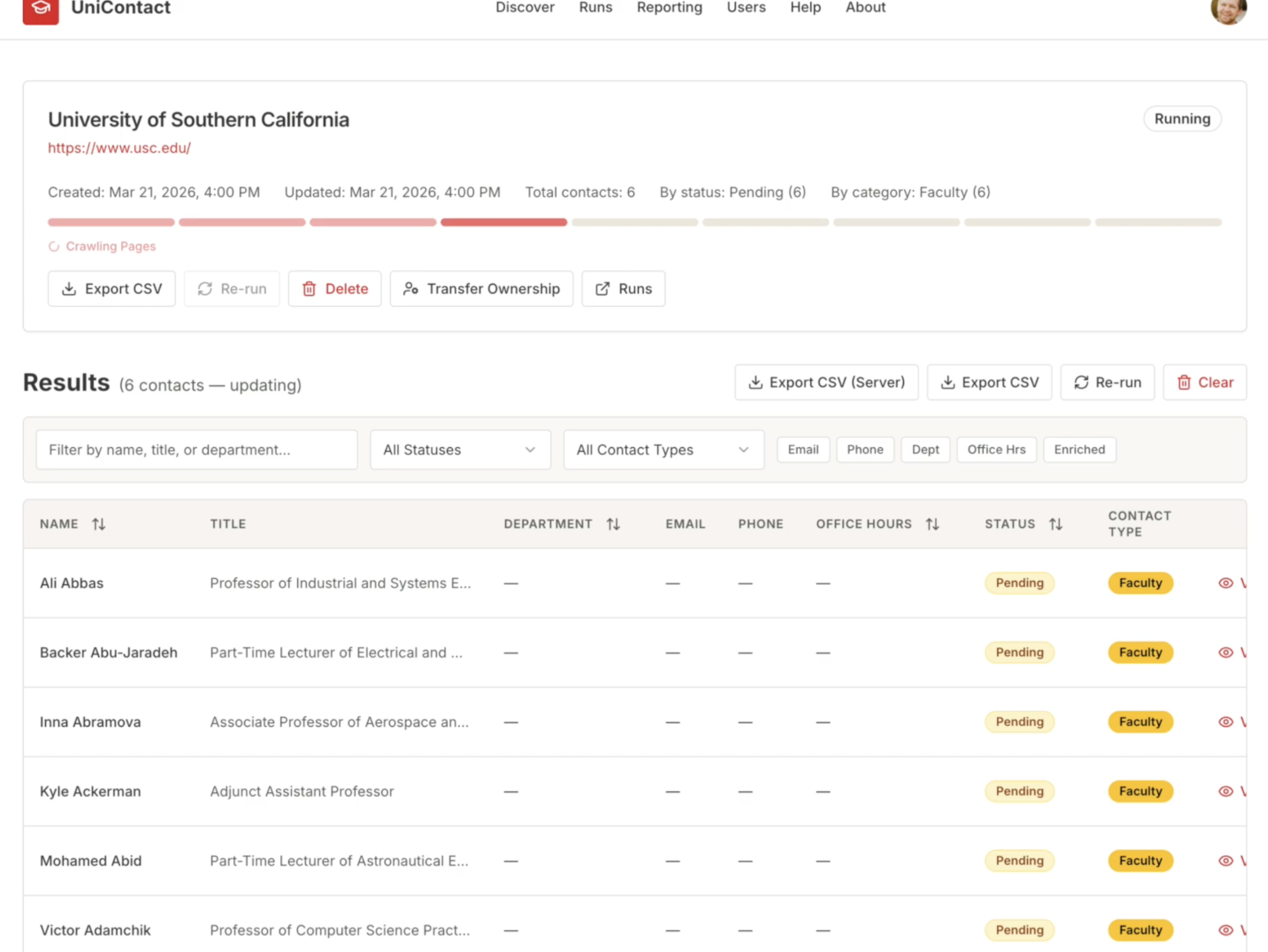 LLM Contact Discovery results dashboard